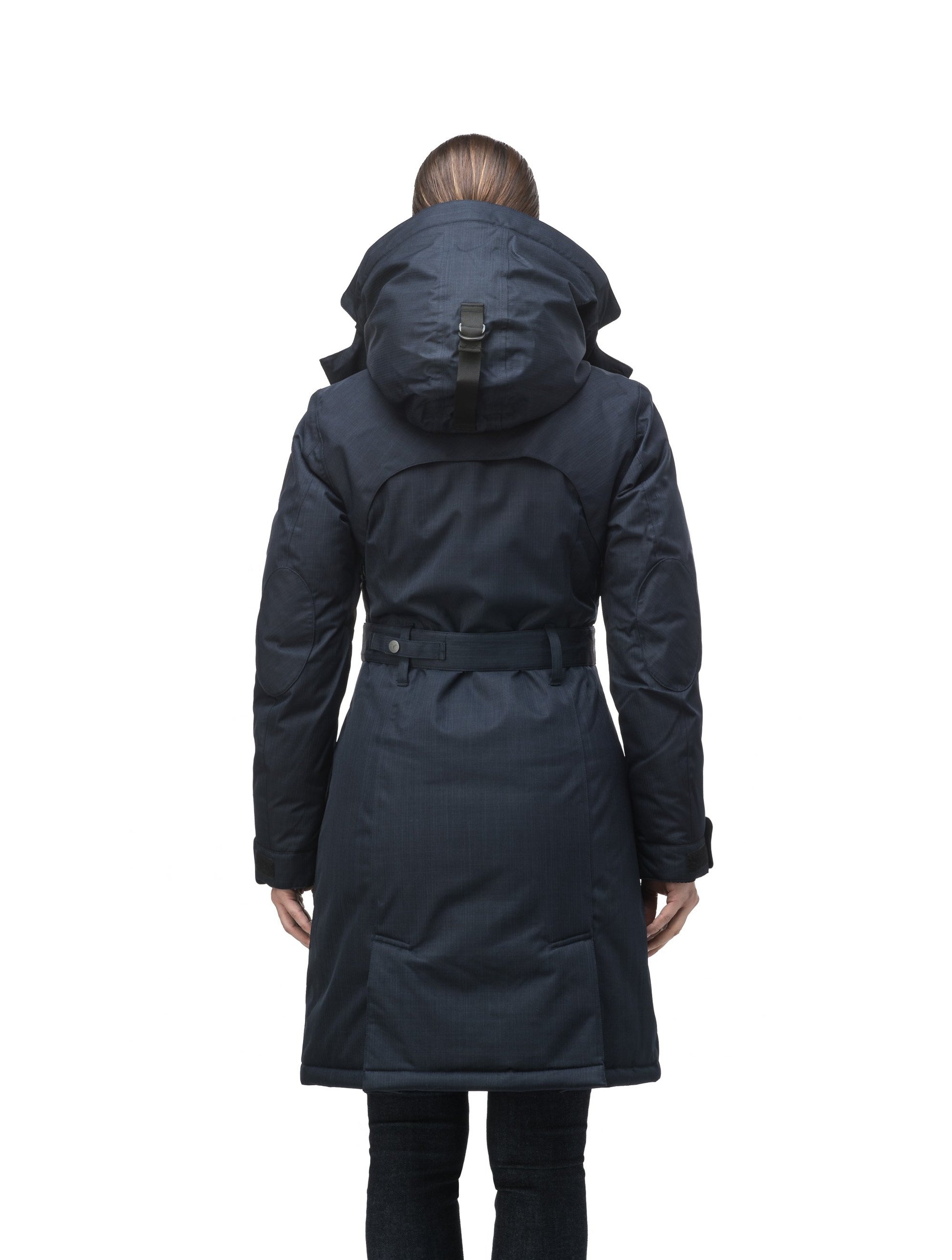Women's down filled double breasted peacoat with a belted waist in CH Navy
