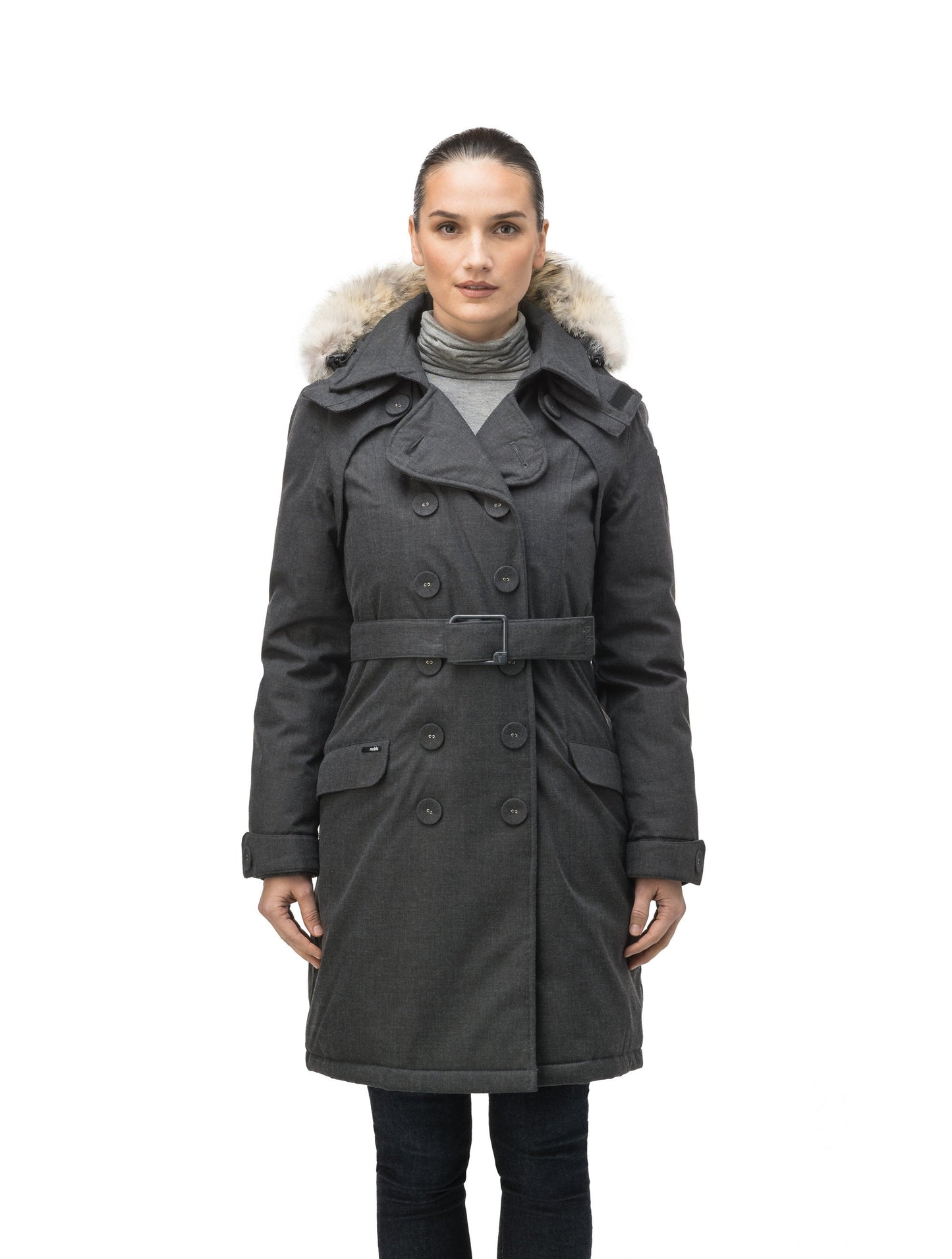 Women's down filled double breasted peacoat with a belted waist in H. Charcoal