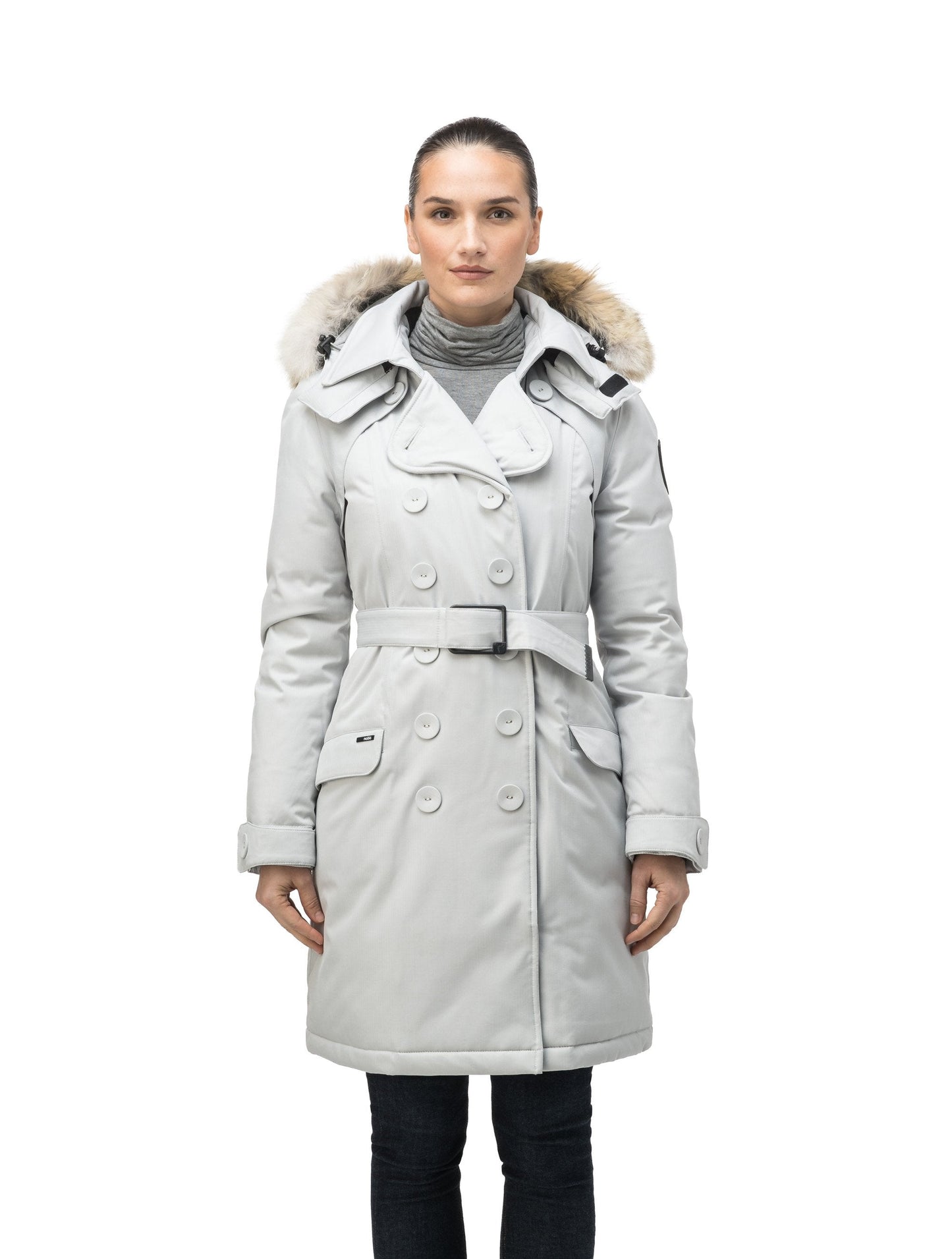 Women's down filled double breasted peacoat with a belted waist in CH Light Grey