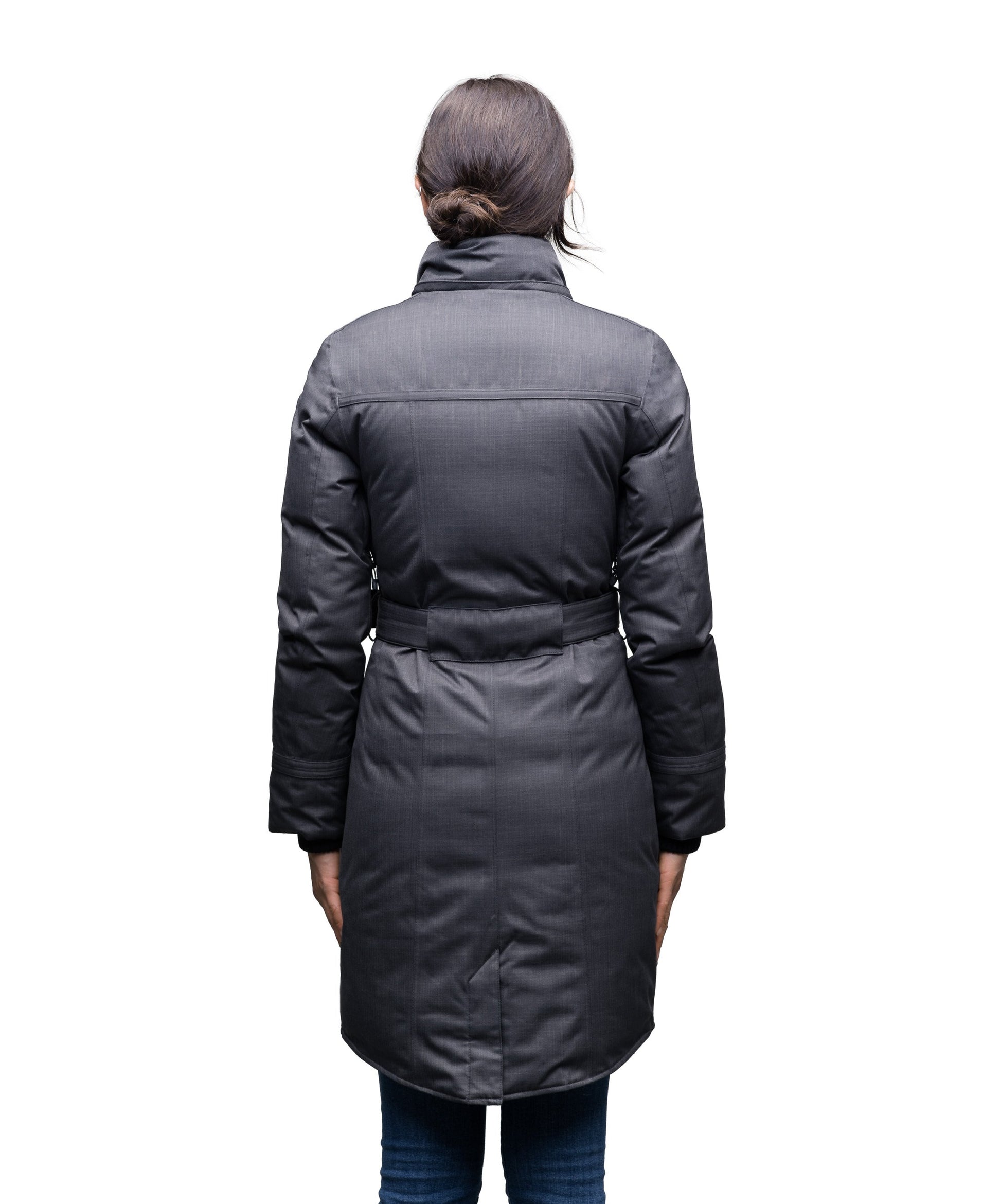 Women's down filled calf length parka with belted waist, and removable Rex Rabbit fur collar in CH Steel Grey