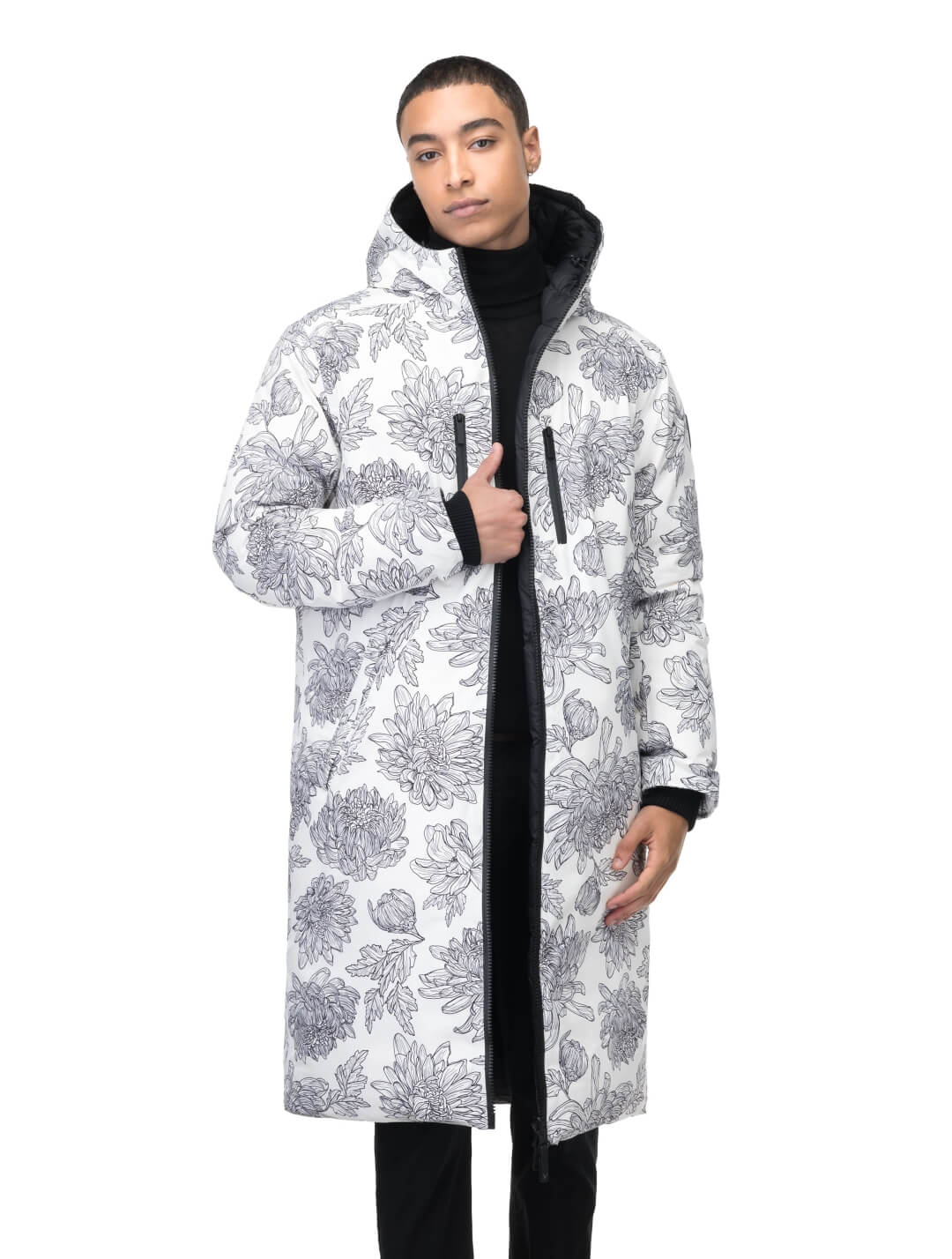 Men's knee length reversible down-filled parka with non-removable hood in White Floral Print