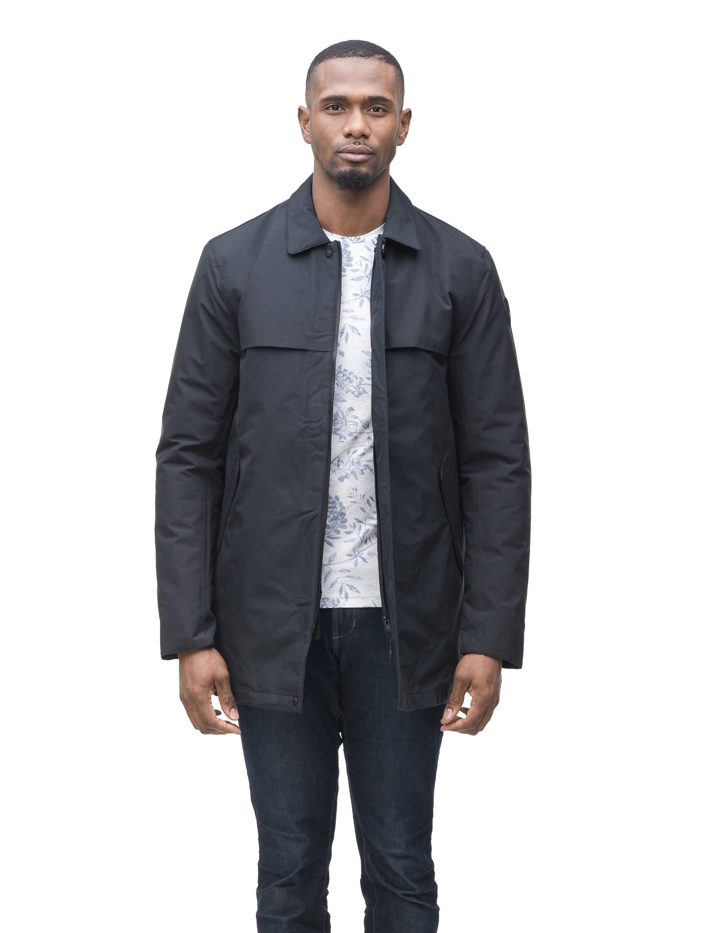 Men's waist length raincoat with a magnetic placket and top button detail in Navy