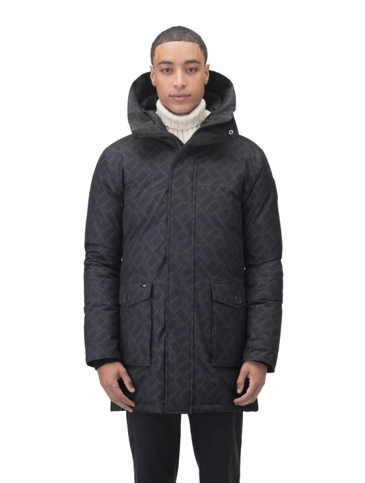 Yves Furless Men's Parka in thigh length, Canadian white duck down insulation, non-removable down-filled hood, flap pockets at waist, centre-front two-way zipper with magnetic wind flap, and elastic ribbed cuffs, in Dark Monogram