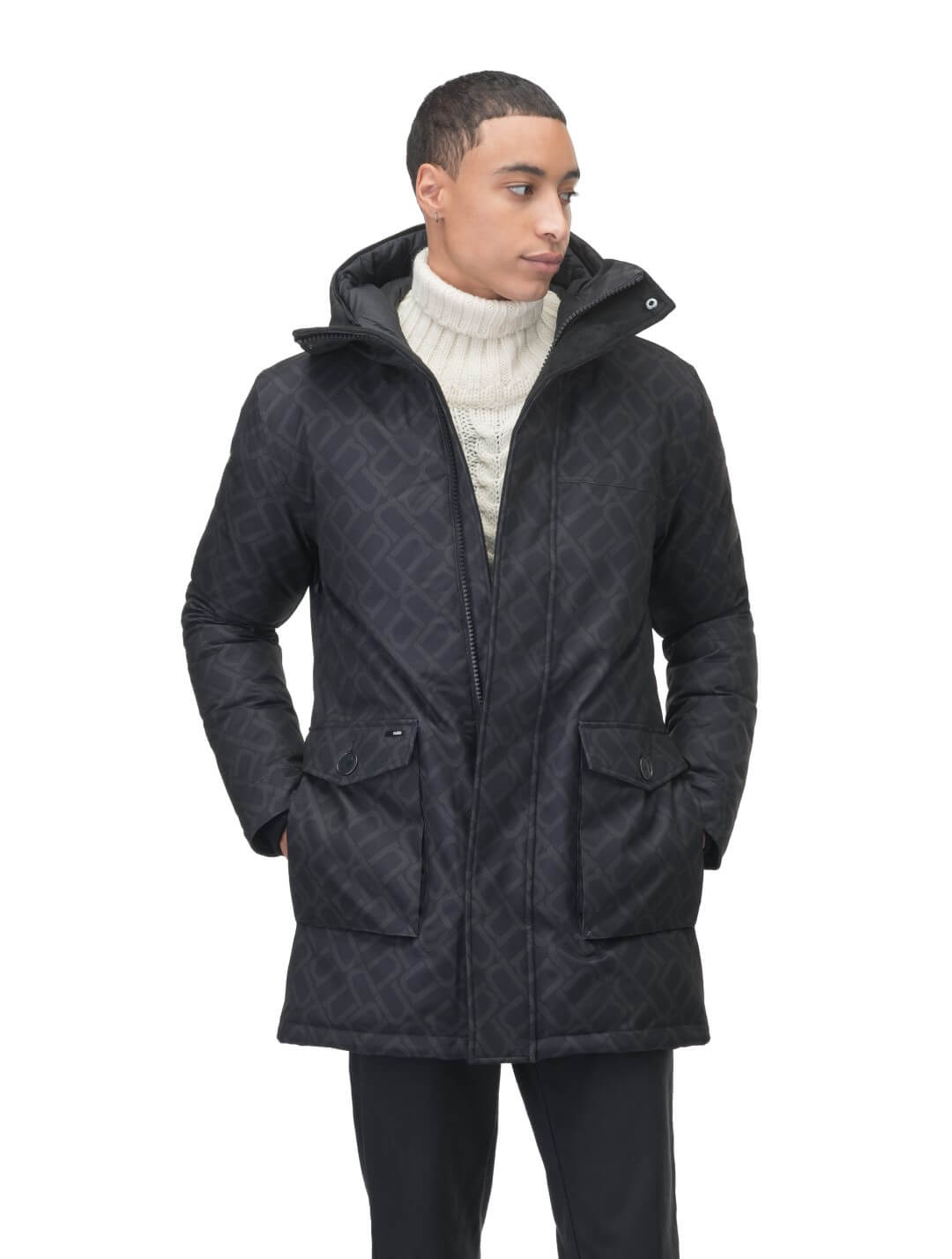 Yves Furless Men's Parka in thigh length, Canadian white duck down insulation, non-removable down-filled hood, flap pockets at waist, centre-front two-way zipper with magnetic wind flap, and elastic ribbed cuffs, in Dark Monogram