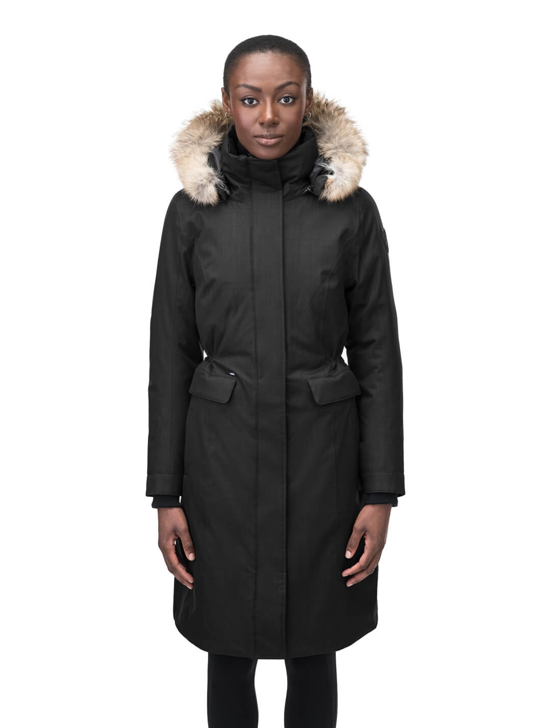 Zenith Ladies Knee Length Parka in knee length, Canadian duck down insulation, removable hood with removable fur ruff trim, and two-way front zipper, in Black
