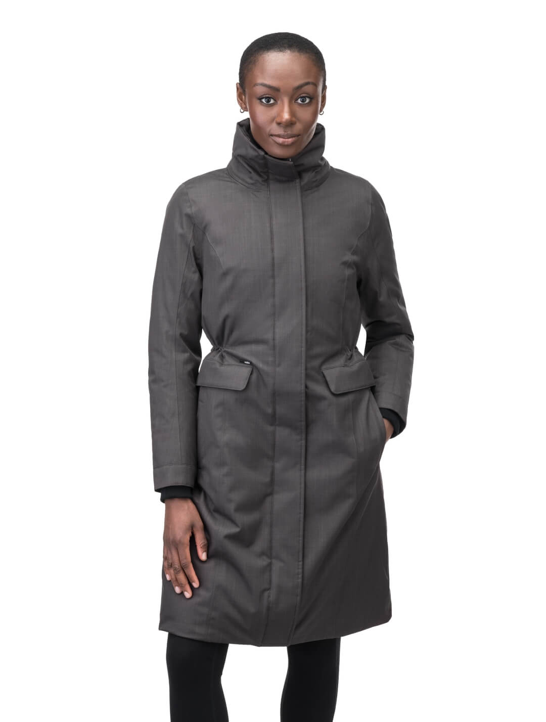 Zenith Ladies Knee Length Parka in knee length, Canadian duck down insulation, removable hood with removable fur ruff trim, and two-way front zipper, in Steel Grey
