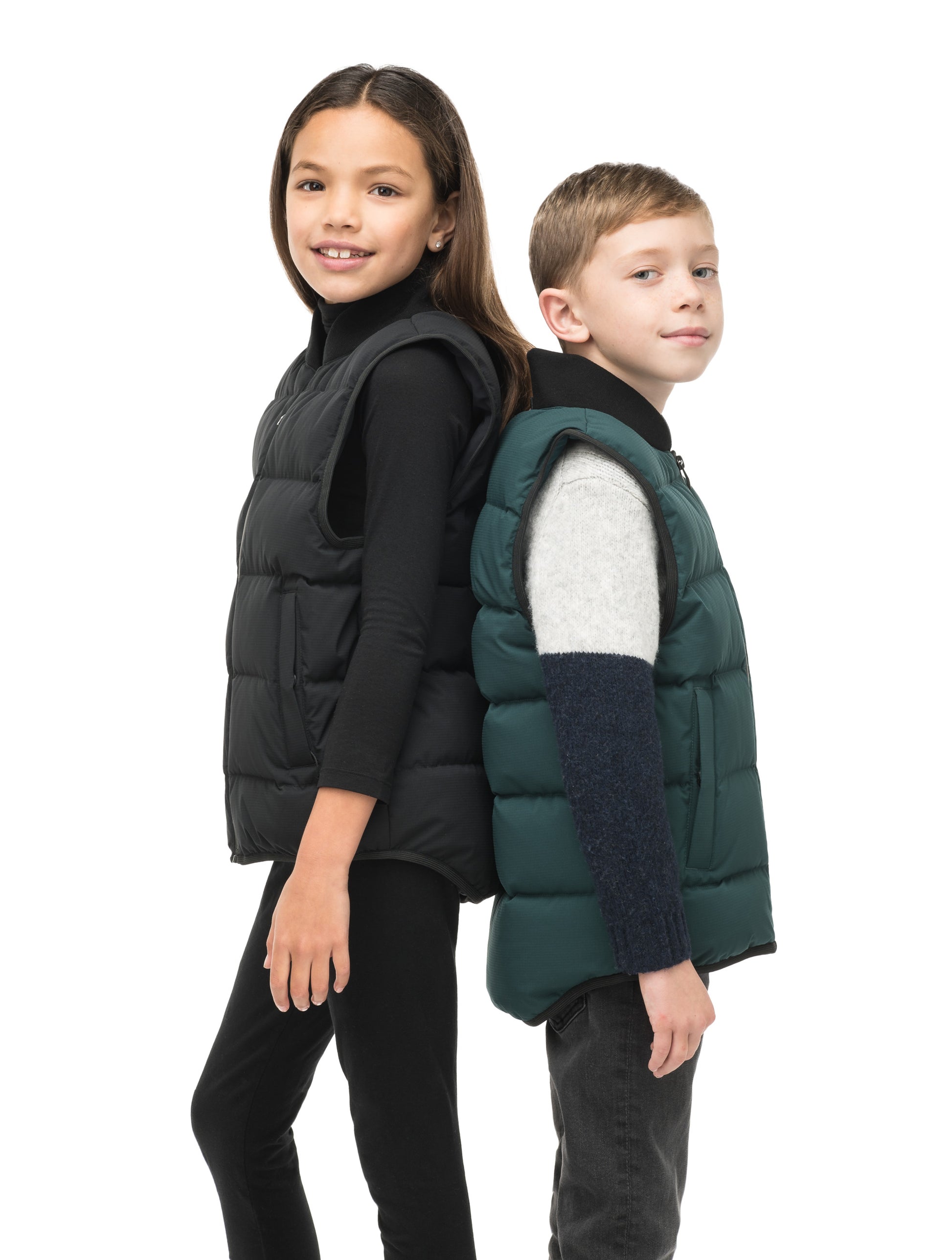 Little Pluto Kids Mid Layer Vest in hip length, Canadian duck down insulation, ribbed collar, two-way front zipper, and quilted body, in Black