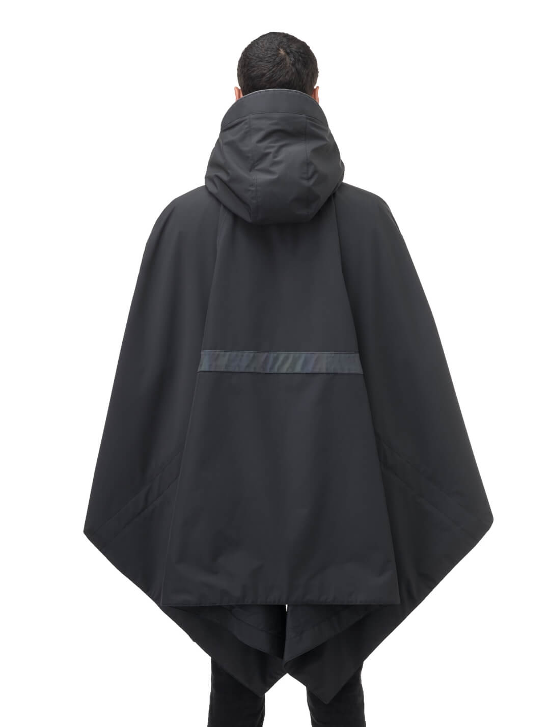 Hydra Unisex Performance Poncho in thigh length, non-removable hood, vertical half-zipper along centre front collar, hidden side-entry waist zipper pockets, adjustable webbing straps and snap closure cuffs, and packable to front kangaroo pocket with flap opening, in Black